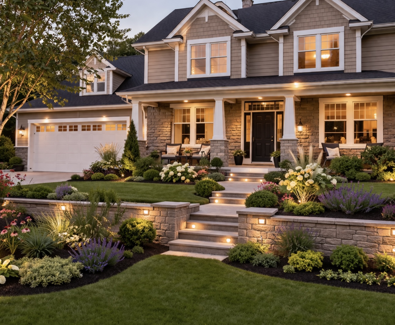 A large, two-story house with warm lights, stone and siding exterior, manicured lawn, colorful flower beds, shrubs, and stone steps leading to a covered porch with chairs, all surrounded by lush landscaping at dusk.
